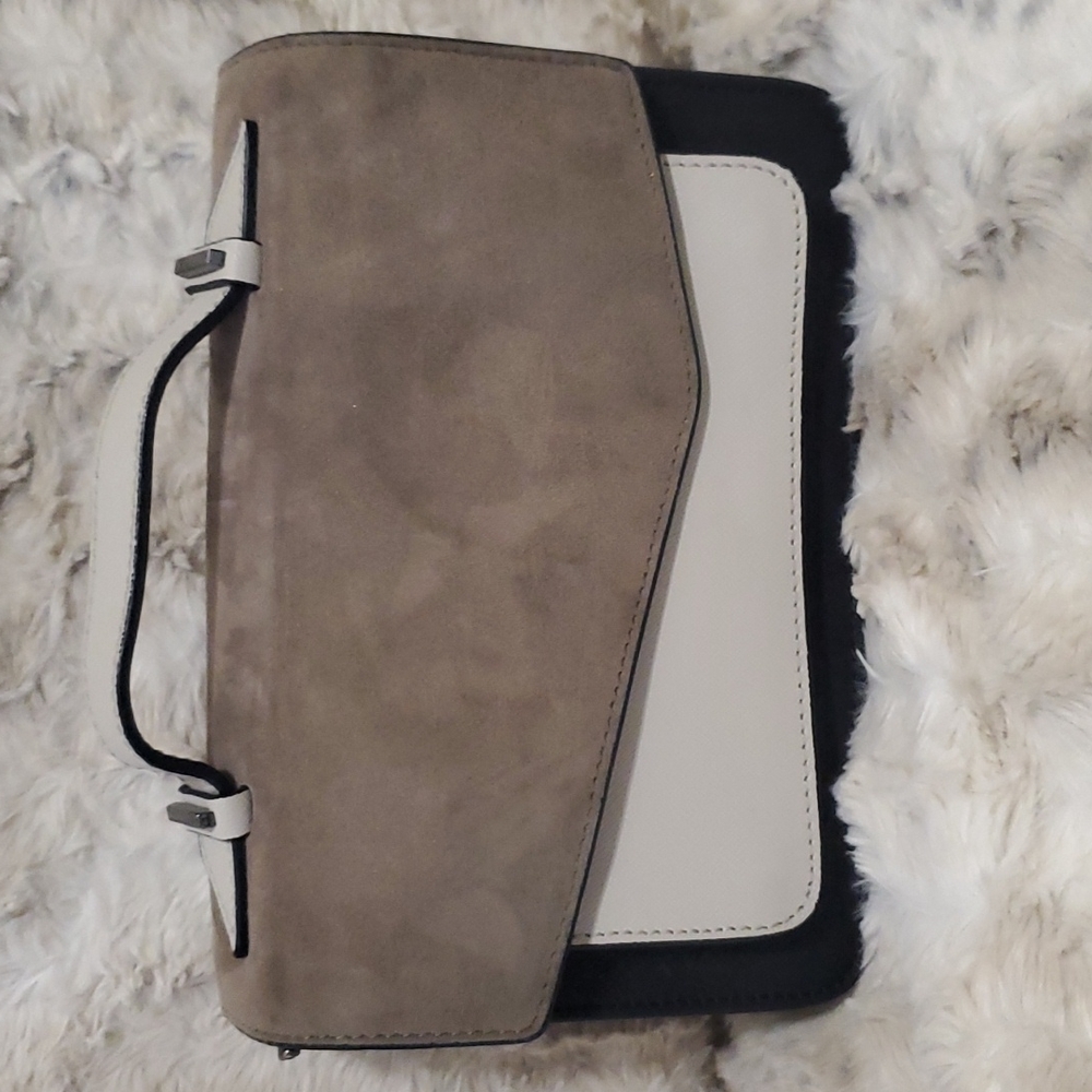 BOTKIER NEW YORK CLUTCH BLACK/LIGHT GRAY /W/GRAY SUEDE FLAP 9"ACROSS BOTTOM